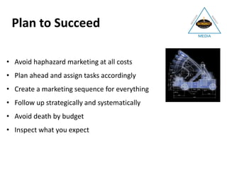 • Avoid haphazard marketing at all costs
• Plan ahead and assign tasks accordingly
• Create a marketing sequence for everything
• Follow up strategically and systematically
• Avoid death by budget
• Inspect what you expect
Plan to Succeed
 