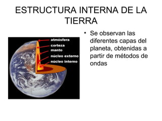ESTRUCTURA INTERNA DE LA
TIERRA
• Se observan las
diferentes capas del
planeta, obtenidas a
partir de métodos de
ondas
 