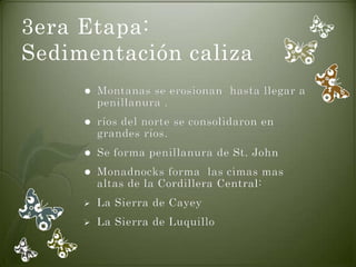 3era Etapa:
Sedimentación caliza
        Montanas se erosionan hasta llegar a
         penillanura .
        ríos del norte se consolidaron en
         grandes ríos.
        Se forma penillanura de St. John
        Monadnocks forma las cimas mas
         altas de la Cordillera Central:
        La Sierra de Cayey
        La Sierra de Luquillo
 