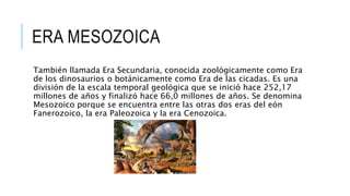 ERA MESOZOICA
También llamada Era Secundaria, conocida zoológicamente como Era
de los dinosaurios o botánicamente como Era de las cicadas. Es una
división de la escala temporal geológica que se inició hace 252,17
millones de años y finalizó hace 66,0 millones de años. Se denomina
Mesozoico porque se encuentra entre las otras dos eras del eón
Fanerozoico, la era Paleozoica y la era Cenozoica.
 