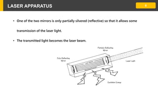 LASER APPARATUS 6
• One of the two mirrors is only partially silvered (reflective) so that it allows some
transmission of the laser light.
• The transmitted light becomes the laser beam.
 