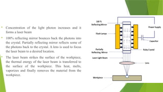  Concentration of the light photon increases and it
forms a laser beam
 100% reflecting mirror bounces back the photons into
the crystal. Partially reflecting mirror reflects some of
the photons back to the crystal. A lens is used to focus
the laser beam to a desired location.
 The laser beam strikes the surface of the workpiece,
the thermal energy of the laser beam is transferred to
the surface of the workpiece. This heat, melts,
vaporizes and finally removes the material from the
workpiece.
 