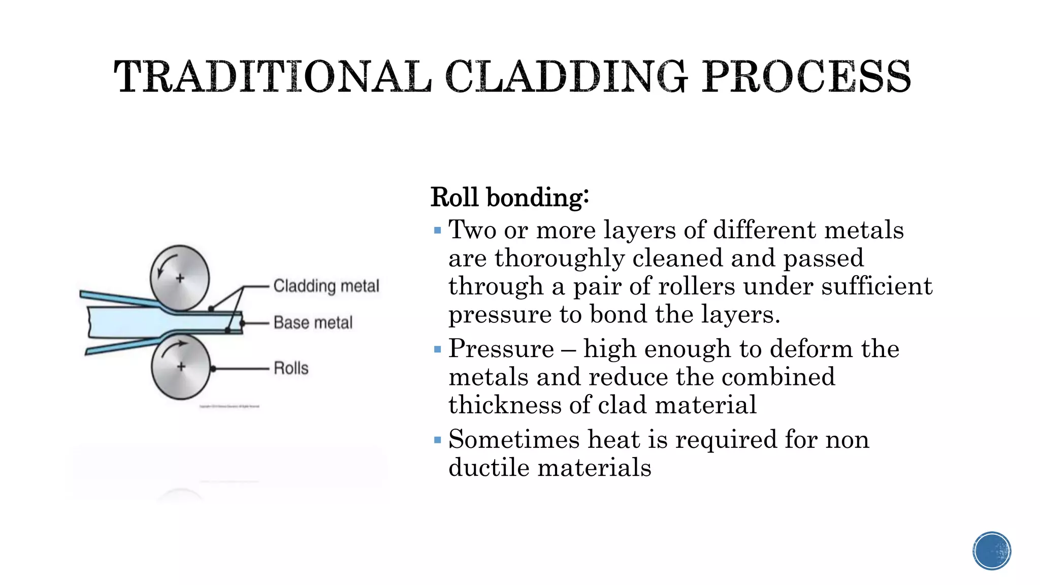Roll bonding:
 Two or more layers of different metals
are thoroughly cleaned and passed
through a pair of rollers under sufficient
pressure to bond the layers.
 Pressure – high enough to deform the
metals and reduce the combined
thickness of clad material
 Sometimes heat is required for non
ductile materials
 