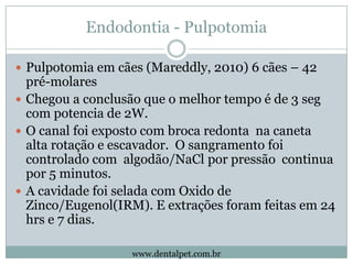 Endodontia - Pulpotomia

 Pulpotomia em cães (Mareddly, 2010) 6 cães – 42
  pré-molares
 Chegou a conclusão que o melhor...