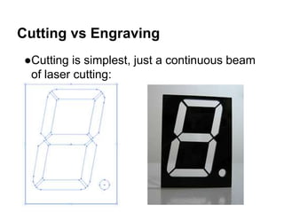 Cutting vs Engraving
●Cutting is simplest, just a continuous beam
of laser cutting:
 