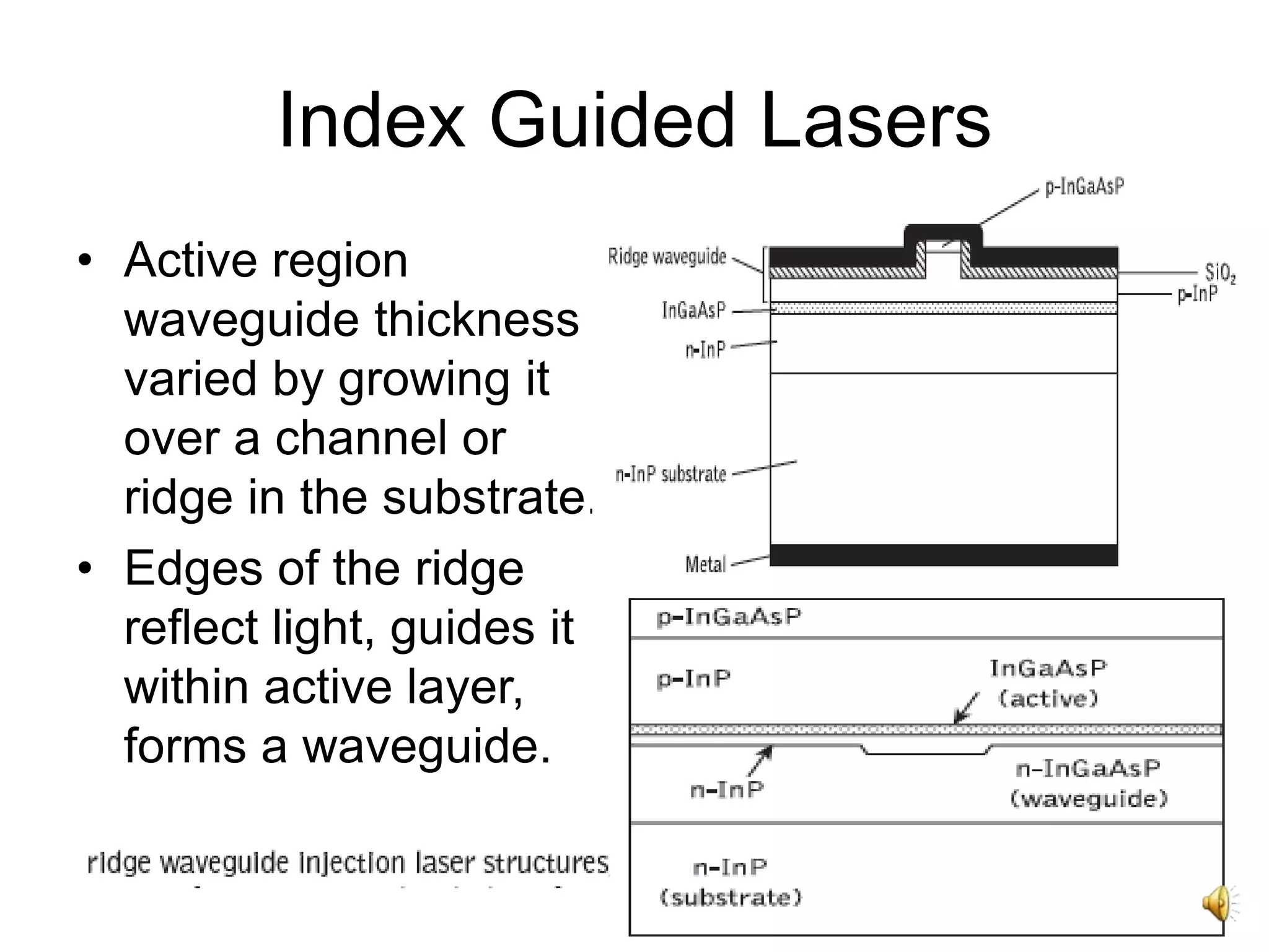 21
Index Guided Lasers
• Active region
waveguide thickness
varied by growing it
over a channel or
ridge in the substrate.
• Edges of the ridge
reflect light, guides it
within active layer,
forms a waveguide.
 