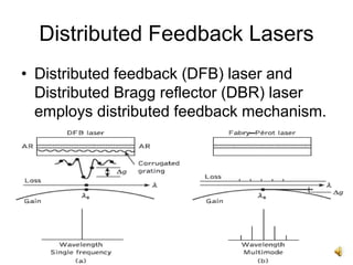 26
Distributed Feedback Lasers
• Distributed feedback (DFB) laser and
Distributed Bragg reflector (DBR) laser
employs distributed feedback mechanism.
 