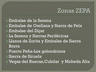 Embalse de la Serena
Embalse de Orellana y Sierra de Pela
Embalse del Zújar
La Serena y Sierras Periféricas
Llanos de Zorita y Embalse de Sierra
Brava
Puerto Peña-Los golondrinos
Sierra de Siruela
Vegas del Ruecas,Cubilar y Moheda Alta
 