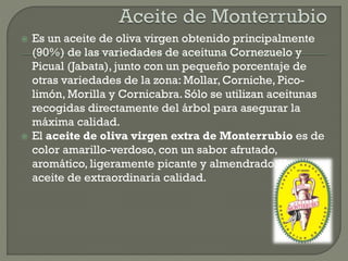  Es un aceite de oliva virgen obtenido principalmente
(90%) de las variedades de aceituna Cornezuelo y
Picual (Jabata), junto con un pequeño porcentaje de
otras variedades de la zona: Mollar,Corniche, Pico-
limón, Morilla y Cornicabra. Sólo se utilizan aceitunas
recogidas directamente del árbol para asegurar la
máxima calidad.
 El aceite de oliva virgen extra de Monterrubio es de
color amarillo-verdoso, con un sabor afrutado,
aromático, ligeramente picante y almendrado. Un
aceite de extraordinaria calidad.
 