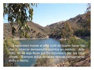 La serenidad impide el afán inútil de querer hacer mu- cho  o  abarcar demasiados asuntos sin sentido.  Ade- más,  no se deja llevar por los impulsos o por  las intui-  ciones.  Siempre actúa después de todo pensamiento, dicho o hecho. 
