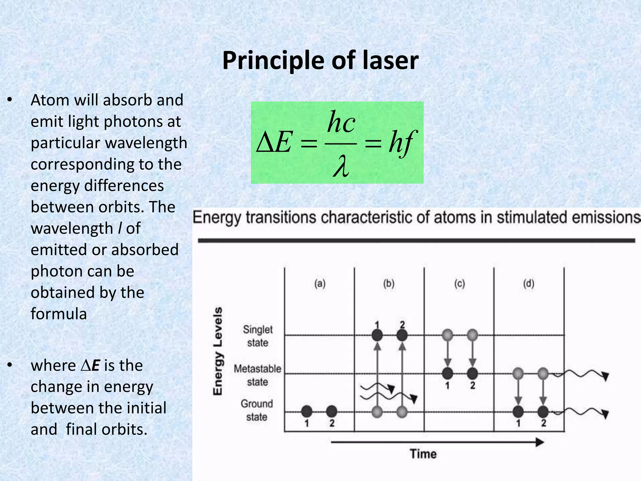 Principle of laser 
• Atom will absorb and 
emit light photons at 
particular wavelength 
corresponding to the 
energy differences 
between orbits. The 
wavelength l of 
emitted or absorbed 
photon can be 
obtained by the 
formula 
• where E is the 
change in energy 
between the initial 
and final orbits. 
hf 
hc 
E   
 
 