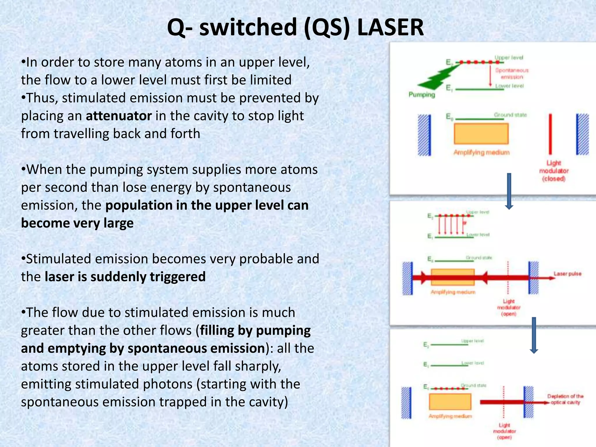 Q- switched (QS) LASER 
•In order to store many atoms in an upper level, 
the flow to a lower level must first be limited 
•Thus, stimulated emission must be prevented by 
placing an attenuator in the cavity to stop light 
from travelling back and forth 
•When the pumping system supplies more atoms 
per second than lose energy by spontaneous 
emission, the population in the upper level can 
become very large 
•Stimulated emission becomes very probable and 
the laser is suddenly triggered 
•The flow due to stimulated emission is much 
greater than the other flows (filling by pumping 
and emptying by spontaneous emission): all the 
atoms stored in the upper level fall sharply, 
emitting stimulated photons (starting with the 
spontaneous emission trapped in the cavity) 
 