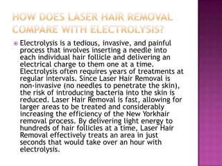 

Electrolysis is a tedious, invasive, and painful
process that involves inserting a needle into
each individual hair fol...