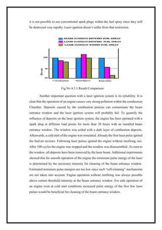 it is not possible to use conventional spark plugs within the fuel spray since they will
be destroyed very rapidly. Laser ignition doesn’t suffer from that restriction.
Fig No 4.3.1 Result Comparison
Another important question with a laser ignition system is its reliability. It is
clear that the operation of an engine causes very strong pollution within the combustion
Chamber. Deposits caused by the combustion process can contaminate the beam
entrance window and the laser ignition system will probably fail. To quantify the
influence of deposits on the laser ignition system, the engine has been operated with a
spark plug at different load points for more than 20 hours with an installed beam
entrance window. The window was soiled with a dark layer of combustion deposits.
Afterwards, a cold start of the engine was simulated. Already the first laser pulse ignited
the fuel/air mixture. Following laser pulses ignited the engine without misfiring, too.
After 100 cycles the engine was stopped and the window was disassembled. As seen to
the window, all deposits have been removed by the laser beam. Additional experiments
showed that for smooth operation of the engine the minimum pulse energy of the laser
is determined by the necessary intensity for cleaning of the beam entrance window.
Estimated minimum pulse energies are too low since such “self-cleaning” mechanisms
are not taken into account. Engine operation without misfiring was always possible
above certain threshold intensity at the beam entrance window. For safe operation of
an engine even at cold start conditions increased pulse energy of the first few laser
pulses would be beneficial for cleaning of the beam entrance window.
 