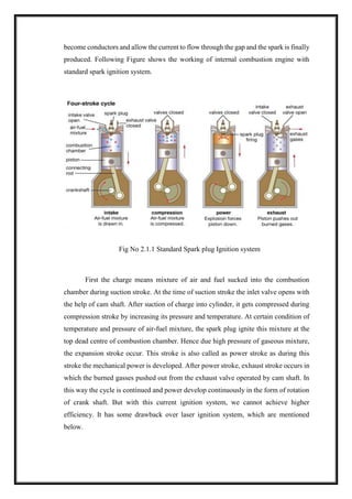 become conductors and allow the current to flow through the gap and the spark is finally
produced. Following Figure shows the working of internal combustion engine with
standard spark ignition system.
Fig No 2.1.1 Standard Spark plug Ignition system
First the charge means mixture of air and fuel sucked into the combustion
chamber during suction stroke. At the time of suction stroke the inlet valve opens with
the help of cam shaft. After suction of charge into cylinder, it gets compressed during
compression stroke by increasing its pressure and temperature. At certain condition of
temperature and pressure of air-fuel mixture, the spark plug ignite this mixture at the
top dead centre of combustion chamber. Hence due high pressure of gaseous mixture,
the expansion stroke occur. This stroke is also called as power stroke as during this
stroke the mechanical power is developed. After power stroke, exhaust stroke occurs in
which the burned gasses pushed out from the exhaust valve operated by cam shaft. In
this way the cycle is continued and power develop continuously in the form of rotation
of crank shaft. But with this current ignition system, we cannot achieve higher
efficiency. It has some drawback over laser ignition system, which are mentioned
below.
 