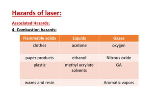Hazards of laser:
Associated Hazards:
4- Combustion hazards:
Flammable solids Liquids Gases
clothes acetone oxygen
paper products ethanol Nitrous oxide
plastic methyl acrylate
solvents
GA
waxes and resin Aromatic vapors
 