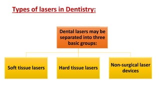 Types of lasers in Dentistry:
Soft tissue lasers Hard tissue lasers
Non-surgical laser
devices
Dental lasers may be
separated into three
basic groups:
 