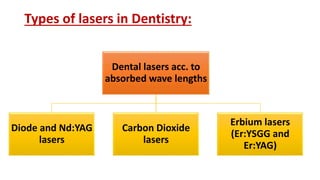 Types of lasers in Dentistry:
Dental lasers acc. to
absorbed wave lengths
Diode and Nd:YAG
lasers
Carbon Dioxide
lasers
Erbium lasers
(Er:YSGG and
Er:YAG)
 