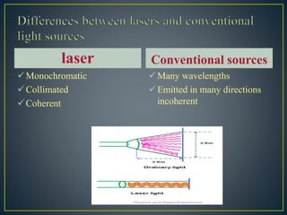 laser
Monochromatic
Collimated
Coherent
Conventional sources
Many wavelengths
Emitted in many directions
incoherent