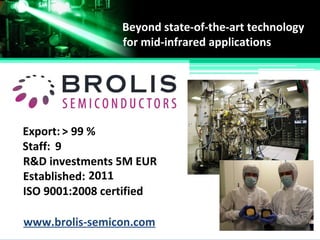 Beyond state-of-the-art technology
for mid-infrared applications
R&D investments 5M EUR
Established:
ISO 9001:2008 certified
Staff:
Export:
2011
9
> 99 %
www.brolis-semicon.com
 