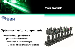 Main products
Opto-mechanical components
Optical Tables, Optical Mounts
Optical & Base Positioners
Translation & Rotation Stages
Motorized Positioners & Controllers
 