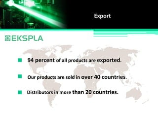 Export
Our products are sold in over 40 countries.
94 percent of all products are exported.
Distributors in more than 20 countries.
 