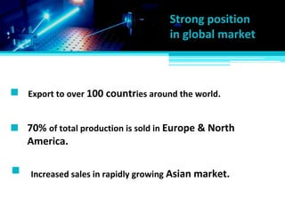 Export to over 100 countries around the world.
70% of total production is sold in Europe & North
America.
Strong position
in global market
Increased sales in rapidly growing Asian market.
 