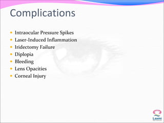Complications 
 Intraocular Pressure Spikes 
 Laser-Induced Inflammation 
 Iridectomy Failure 
 Diplopia 
 Bleeding 
 Lens Opacities 
 Corneal Injury 
 