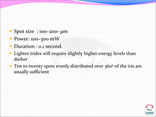  Spot size : 100–200- μm 
 Power: 100–30o mW 
 Duration : 0.1 second. 
 Lighter irides will require slightly higher energy levels than 
darker 
 Ten to twenty spots evenly distributed over 360º of the iris are 
usually sufficient 
 