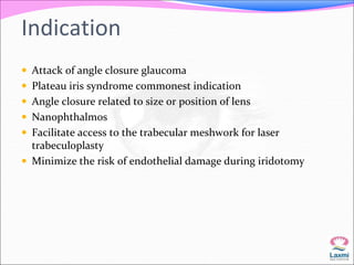Indication 
 Attack of angle closure glaucoma 
 Plateau iris syndrome commonest indication 
 Angle closure related to size or position of lens 
 Nanophthalmos 
 Facilitate access to the trabecular meshwork for laser 
trabeculoplasty 
 Minimize the risk of endothelial damage during iridotomy 
 