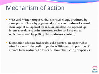 Mechanism of action 
 Wise and Witter proposed that thermal energy produced by 
absorption of laser by pigmented trabecular meshwork caused 
shrinkage of collagen of trabecular lamellae this opened up 
intertrabecular space in untreated region and expanded 
schlemm’s canal by pulling the meshwork centrally 
 Elimination of some trabecular cells posttrbeculoplasty.this 
stimulate remaining cells to produce different composition of 
extracellular matrix with lesser outflow obstructing properties. 
 
