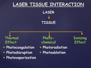 LASER TISSUE INTERACTION
LASER
TISSUE
Thermal
Effect
Photo-
chemical
Ionizing
Effect
 Photocoagulation  Photoradiation
 Photodisruption  Photoablation
 Photovaporization
 