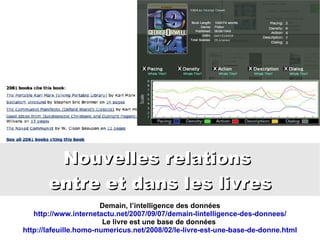 Nouvelles relations  entre et dans les livres Demain, l’intelligence des données http://www.internetactu.net/2007/09/07/demain-lintelligence-des-donnees/ Le livre est une base de données  http://lafeuille.homo-numericus.net/2008/02/le-livre-est-une-base-de-donne.html 