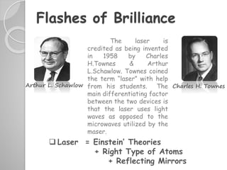 Arthur L. Schawlow Charles H. Townes
The laser is
credited as being invented
in 1958 by Charles
H.Townes & Arthur
L.Schawlow. Townes coined
the term “laser” with help
from his students. The
main differentiating factor
between the two devices is
that the laser uses light
waves as opposed to the
microwaves utilized by the
maser.
 Laser = Einstein’ Theories
+ Right Type of Atoms
+ Reflecting Mirrors
Flashes of Brilliance
 