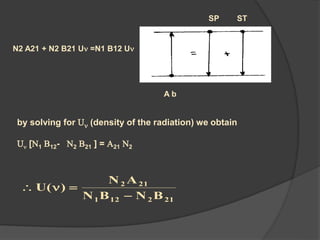 by solving for U (density of the radiation) we obtain
U [N1 B12- N2 B21 ] = A21 N2
212121
212
BNBN
AN
)(U


N2 A21 + N2 B21 U =N1 B12 U
SP ST
A b
 