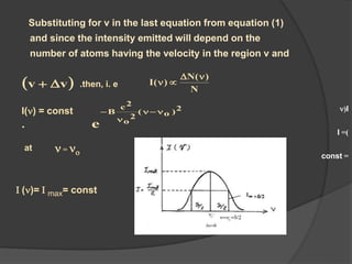 Substituting for v in the last equation from equation (1)
and since the intensity emitted will depend on the
number of atoms having the velocity in the region v and
 vv  then, i. e.
N
)(N
)(I


I() = const
.
2)o(
2
o
2c
B
e



 = 
at
I(
=)I
=const
 ))=  max= const
 