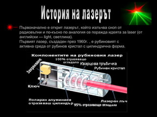Първоначално е открит лазерът, който излъчва сноп от
радиовълни и по-късно по аналогия се поражда идеята за laser (от
английски — light, светлина).
Първият лазер, създаден през 1960г. , е рубиновият с
активна среда от рубинов кристал с цилиндрична форма.
 