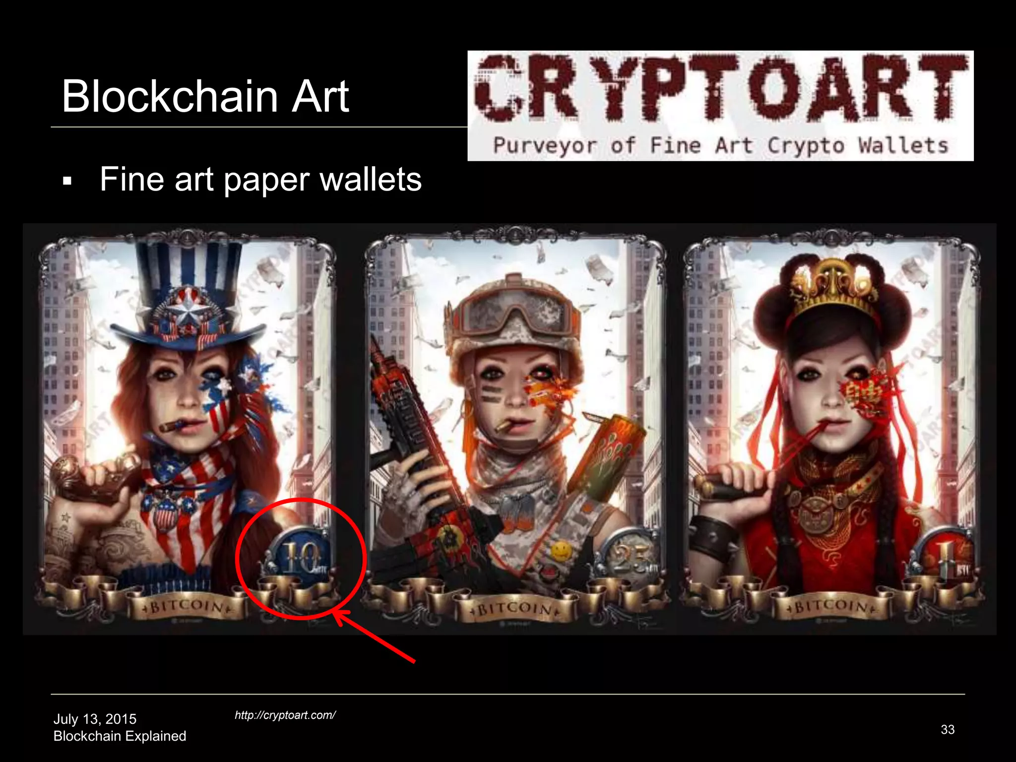 July 13, 2015
Blockchain Explained
Blockchain Art
33
http://cryptoart.com/
 Fine art paper wallets
 