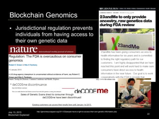 July 13, 2015
Blockchain Explained
Blockchain Genomics
22
 Jurisdictional regulation prevents
individuals from having acc...