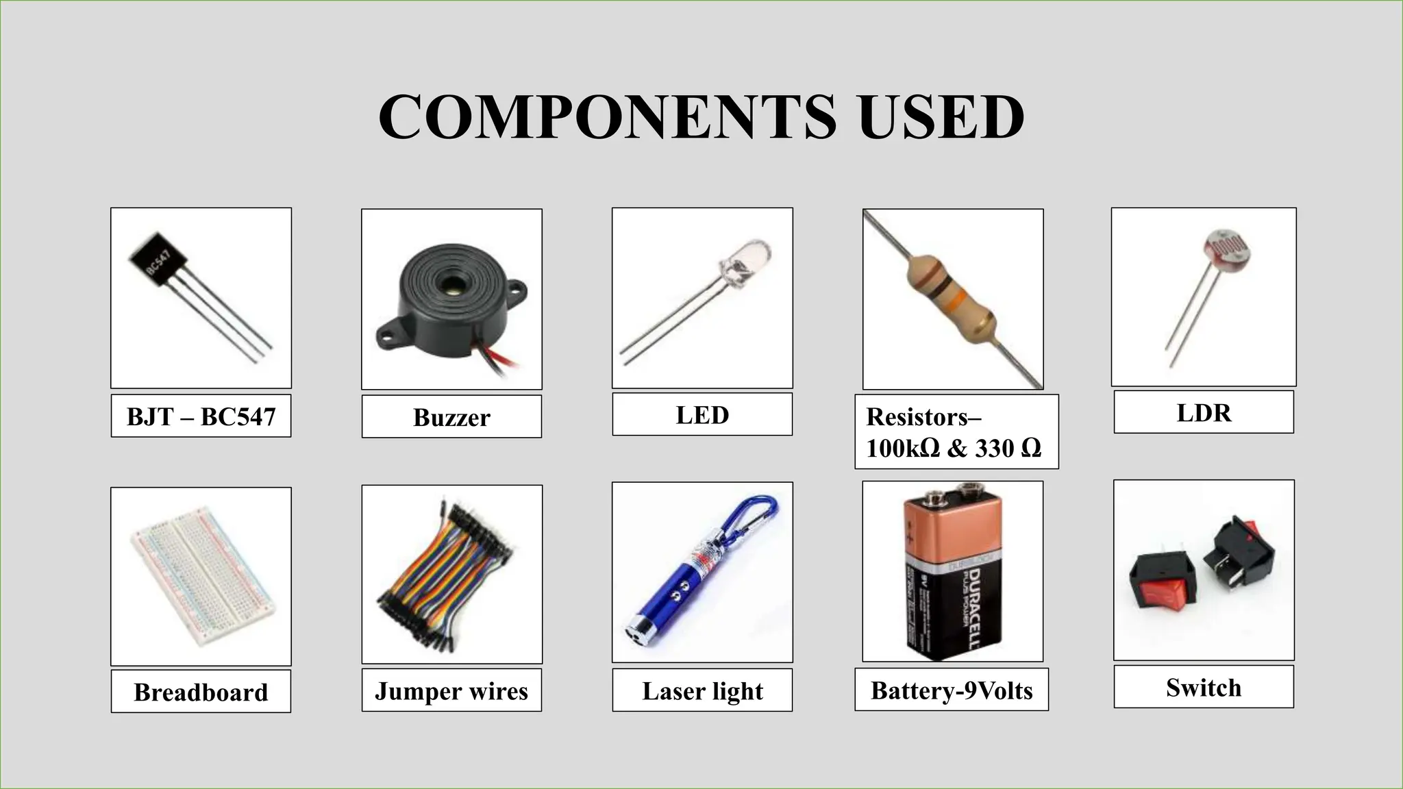 COMPONENTS USED
BJT – BC547 LED
Buzzer Resistors–
100kΩ & 330 Ω
Battery-9Volts
Breadboard Jumper wires Laser light
LDR
Switch
 