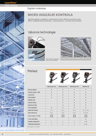 26
EXTRA LONG VIDEO INSPECTION SYSTEM
10m
IP 67 IP 67 IP 67 IP 68
Informace na Tel: +420 581 746 256-8 · Fax: +420 581 746 255 · www.levior.cz
MICRO-DIGIZÁLNÍ KONTROLA
VIDEO INSPEKCE
VideoScope One VideoScope Plus VideoScope XXL VideoFlex G3
Barevný displej • • • •
obrazu o 180° • • • •
• • • •
LED • • • •
dat • • •
Záznam obrazu • • •
videa • • •
TV-out • • • •
Délka flexi kabelu
Hlava kamery Ø 9 mm 9 mm 9 mm
Hlava kamery / IP
Li-ion akumulátor •
TopClips •
TopGuide • •
•
 