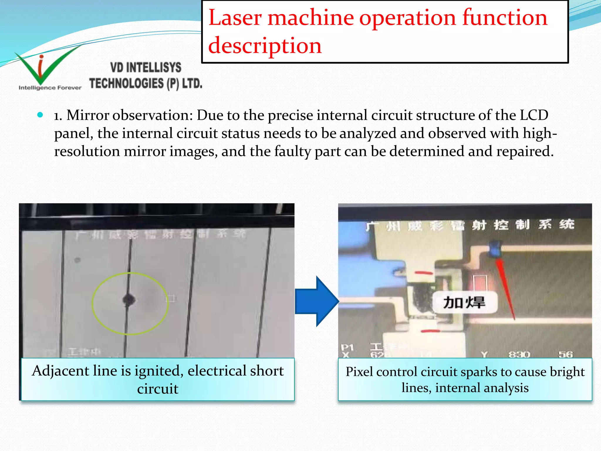  1. Mirror observation: Due to the precise internal circuit structure of the LCD
panel, the internal circuit status needs to be analyzed and observed with high-
resolution mirror images, and the faulty part can be determined and repaired.
Laser machine operation function
description
Adjacent line is ignited, electrical short
circuit
Pixel control circuit sparks to cause bright
lines, internal analysis
 