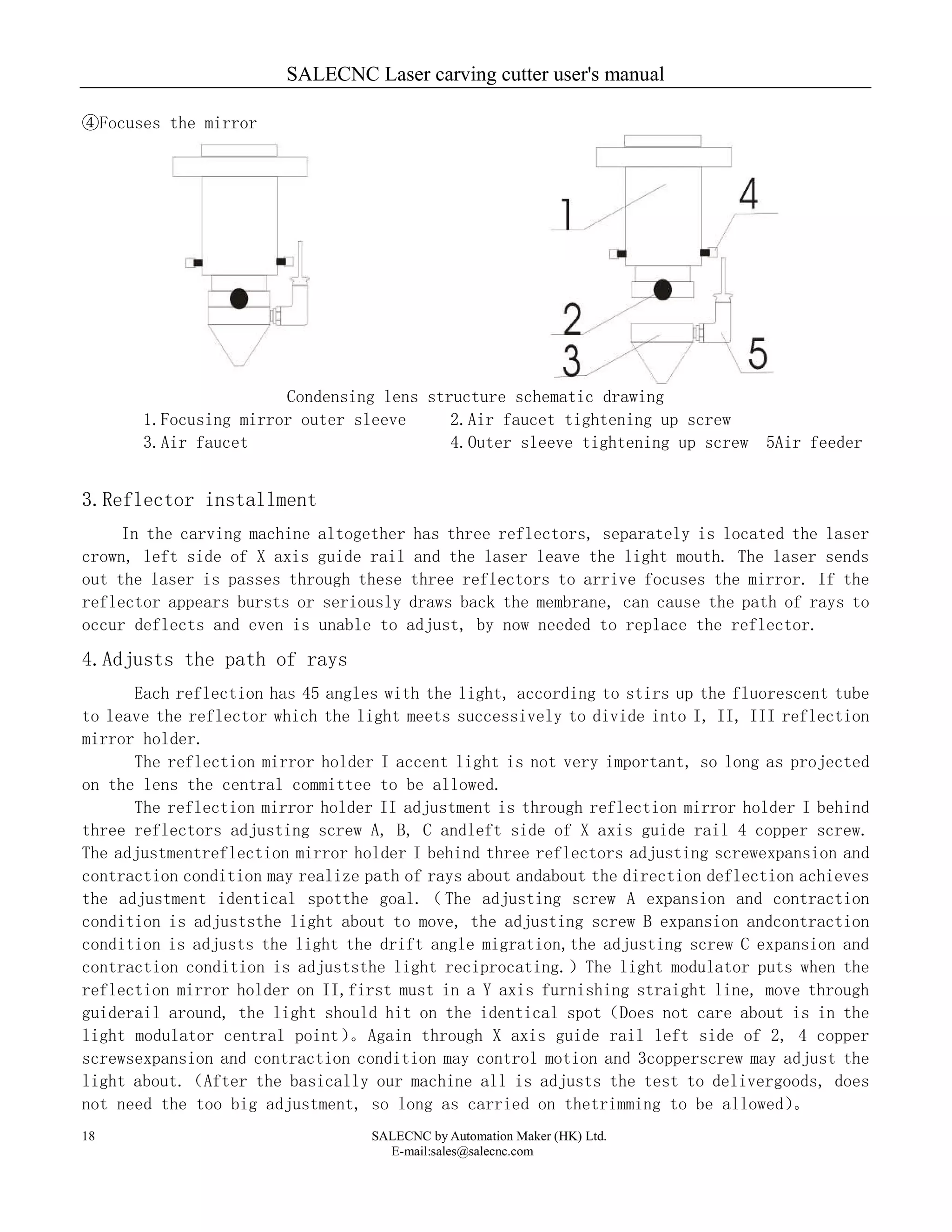 SALECNC Laser carving cutter user's manual
SALECNC by Automation Maker (HK) Ltd.
E-mail:sales@salecnc.com
18
④Focuses the mirror
Condensing lens structure schematic drawing
1.Focusing mirror outer sleeve 2.Air faucet tightening up screw
3.Air faucet 4.Outer sleeve tightening up screw 5Air feeder
3.Reflector installment
In the carving machine altogether has three reflectors, separately is located the laser
crown, left side of X axis guide rail and the laser leave the light mouth. The laser sends
out the laser is passes through these three reflectors to arrive focuses the mirror. If the
reflector appears bursts or seriously draws back the membrane, can cause the path of rays to
occur deflects and even is unable to adjust, by now needed to replace the reflector.
4.Adjusts the path of rays
Each reflection has 45 angles with the light, according to stirs up the fluorescent tube
to leave the reflector which the light meets successively to divide into I, II, III reflection
mirror holder.
The reflection mirror holder I accent light is not very important, so long as projected
on the lens the central committee to be allowed.
The reflection mirror holder II adjustment is through reflection mirror holder I behind
three reflectors adjusting screw A, B, C andleft side of X axis guide rail 4 copper screw.
The adjustmentreflection mirror holder I behind three reflectors adjusting screwexpansion and
contraction condition may realize path of rays about andabout the direction deflection achieves
the adjustment identical spotthe goal.（The adjusting screw A expansion and contraction
condition is adjuststhe light about to move, the adjusting screw B expansion andcontraction
condition is adjusts the light the drift angle migration,the adjusting screw C expansion and
contraction condition is adjuststhe light reciprocating.）The light modulator puts when the
reflection mirror holder on II,first must in a Y axis furnishing straight line, move through
guiderail around, the light should hit on the identical spot（Does not care about is in the
light modulator central point）。Again through X axis guide rail left side of 2, 4 copper
screwsexpansion and contraction condition may control motion and 3copperscrew may adjust the
light about.（After the basically our machine all is adjusts the test to delivergoods, does
not need the too big adjustment, so long as carried on thetrimming to be allowed）。
 