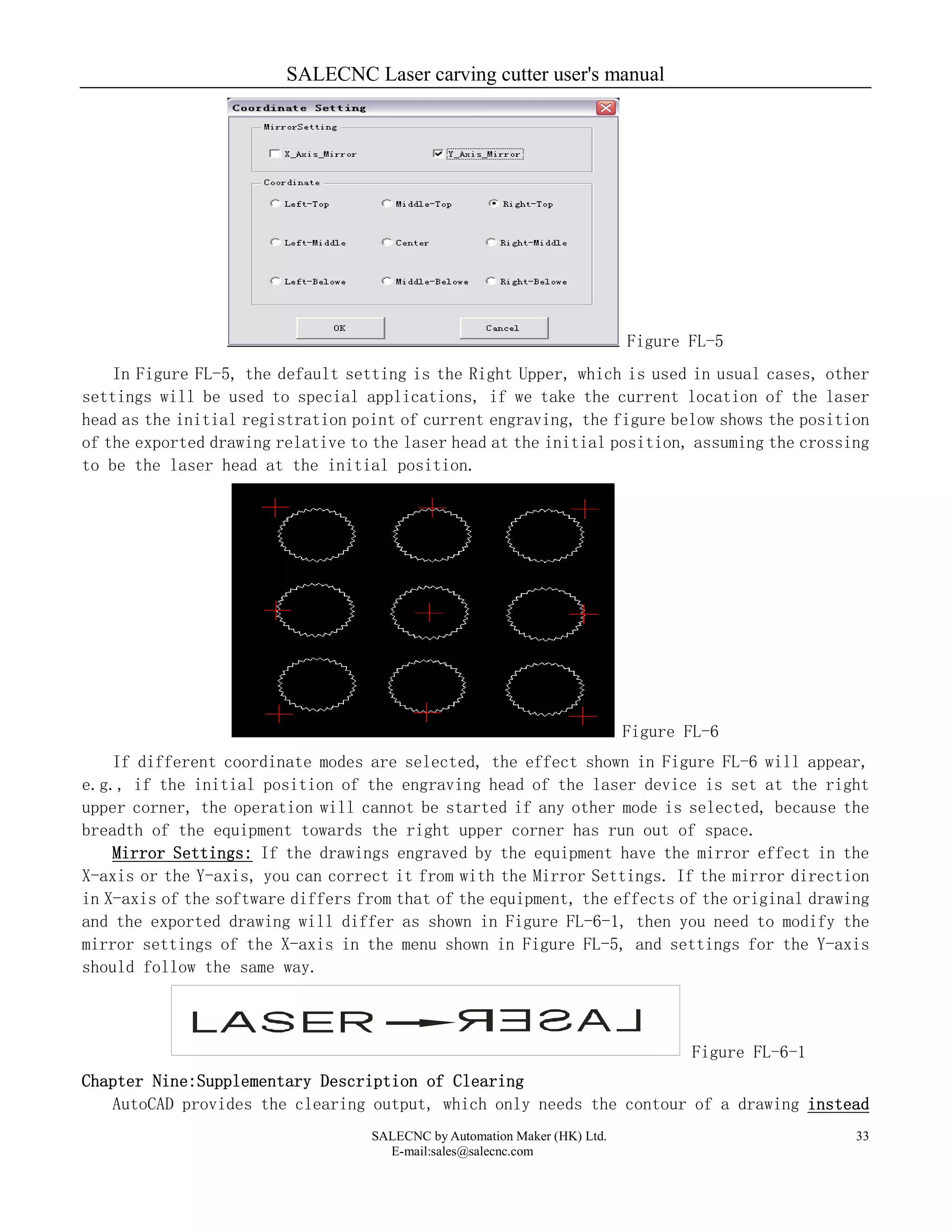SALECNC Laser carving cutter user's manual
SALECNC by Automation Maker (HK) Ltd.
E-mail:sales@salecnc.com
33
Figure FL-5
In Figure FL-5, the default setting is the Right Upper, which is used in usual cases, other
settings will be used to special applications, if we take the current location of the laser
head as the initial registration point of current engraving, the figure below shows the position
of the exported drawing relative to the laser head at the initial position, assuming the crossing
to be the laser head at the initial position.
Figure FL-6
If different coordinate modes are selected, the effect shown in Figure FL-6 will appear,
e.g., if the initial position of the engraving head of the laser device is set at the right
upper corner, the operation will cannot be started if any other mode is selected, because the
breadth of the equipment towards the right upper corner has run out of space.
Mirror Settings: If the drawings engraved by the equipment have the mirror effect in the
X-axis or the Y-axis, you can correct it from with the Mirror Settings. If the mirror direction
in X-axis of the software differs from that of the equipment, the effects of the original drawing
and the exported drawing will differ as shown in Figure FL-6-1, then you need to modify the
mirror settings of the X-axis in the menu shown in Figure FL-5, and settings for the Y-axis
should follow the same way.
Figure FL-6-1
Chapter Nine:Supplementary Description of Clearing
AutoCAD provides the clearing output, which only needs the contour of a drawing instead
 