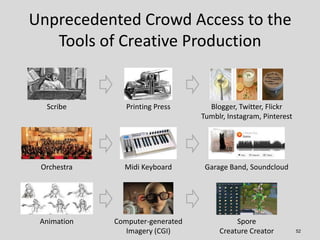 52
Unprecedented Crowd Access to the
Tools of Creative Production
Printing Press Blogger, Twitter, Flickr
Tumblr, Instagra...