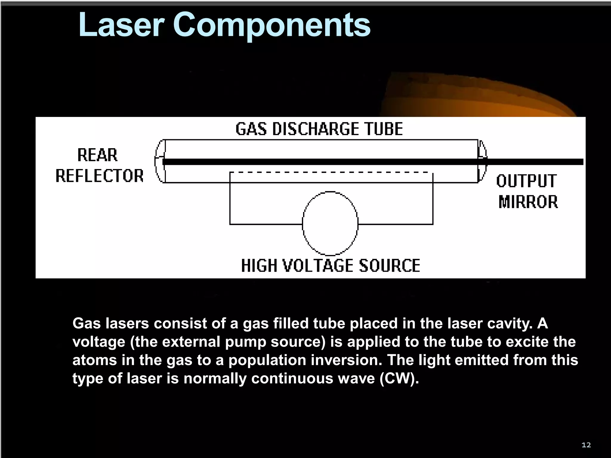 Laser Components




Gas lasers consist of a gas filled tube placed in the laser cavity. A
voltage (the external pump source) is applied to the tube to excite the
atoms in the gas to a population inversion. The light emitted from this
type of laser is normally continuous wave (CW).



                                                                          12
 