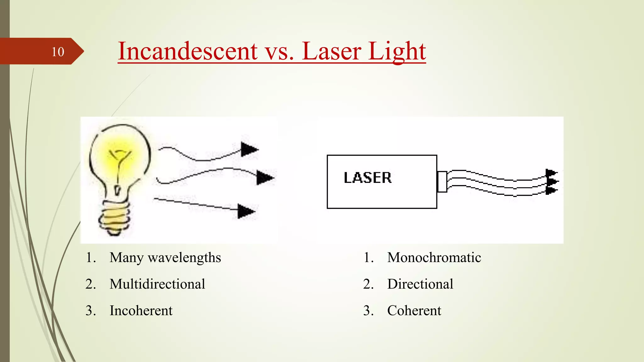 10 Incandescent vs. Laser Light
1. Many wavelengths
2. Multidirectional
3. Incoherent
1. Monochromatic
2. Directional
3. Coherent
 