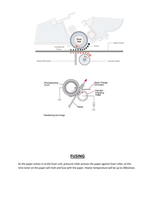 FUSING 
As the paper comes in to the fuser unit, pressure roller presses the paper against fuser roller, at this 
time toner on the paper will melt and fuse with the paper. Heater temperature will be up to 200celsies. 
 