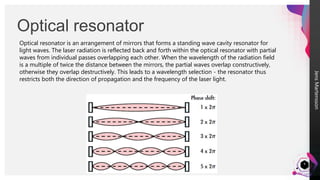 Jens
Martensson
Optical resonator
8
Optical resonator is an arrangement of mirrors that forms a standing wave cavity resonator for
light waves. The laser radiation is reflected back and forth within the optical resonator with partial
waves from individual passes overlapping each other. When the wavelength of the radiation field
is a multiple of twice the distance between the mirrors, the partial waves overlap constructively,
otherwise they overlap destructively. This leads to a wavelength selection - the resonator thus
restricts both the direction of propagation and the frequency of the laser light.
 