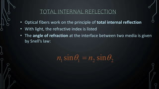 TOTAL INTERNAL REFLECTION
• Optical fibers work on the principle of total internal reflection
• With light, the refractive index is listed
• The angle of refraction at the interface between two media is given
by Snell’s law:
 